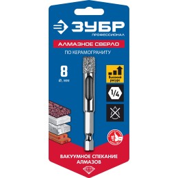 ЗУБР АВК, d 8 мм, (HEX 1/4″, 15 мм кромка), вакуумное алмазное трубчатое сверло, Профессионал (29865-08) ЗУБР АВК, d 8 мм, (HEX 1/4″, 15 мм кромка), вакуумное алмазное трубчатое сверло, Профессионал (29865-08)