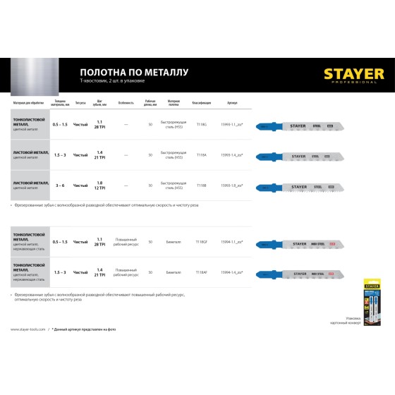STAYER T118G, 2 шт, 50 мм / 1.1 мм, T-хвост., HSS сталь, по металлу толщиной 0.5-1.5 мм, полотна для лобзика, Professional (15993-1.1) STAYER T118G, 2 шт, 50 мм / 1.1 мм, T-хвост., HSS сталь, по металлу толщиной 0.5-1.5 мм, полотна для лобзика, Professional (15993-1.1)