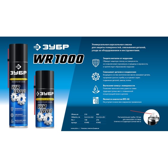 ЗУБР WR-1000 400 мл, средство для тысячи применений, Многофункциональная аэрозольная смазка, ПРОФЕССИОНАЛ (41442) ЗУБР WR-1000 400 мл, средство для тысячи применений, Многофункциональная аэрозольная смазка, ПРОФЕССИОНАЛ (41442)