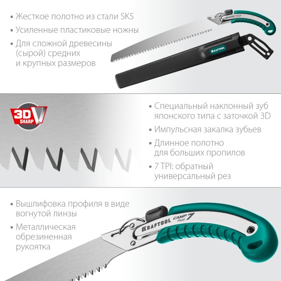 KRAFTOOL Camp Fast 7, 350 мм, ножовка для быстрого реза сырой древесины (15216) KRAFTOOL Camp Fast 7, 350 мм, ножовка для быстрого реза сырой древесины (15216)
