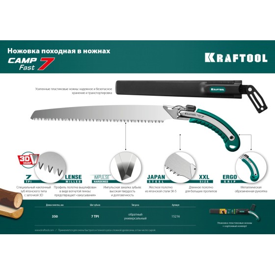 KRAFTOOL Camp Fast 7, 350 мм, ножовка для быстрого реза сырой древесины (15216) KRAFTOOL Camp Fast 7, 350 мм, ножовка для быстрого реза сырой древесины (15216)