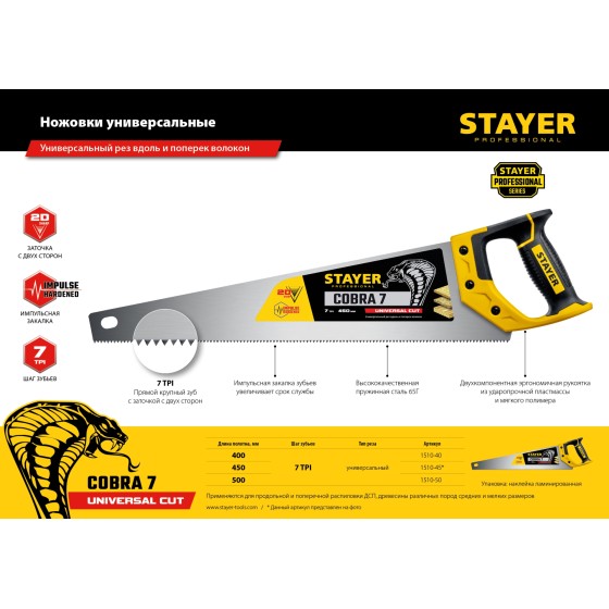 STAYER Cobra 7, 450 мм, универсальная ножовка, Professional (1510-45) STAYER Cobra 7, 450 мм, универсальная ножовка, Professional (1510-45)
