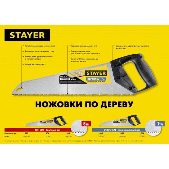 STAYER TopCut, 450 мм, ударопрочная ножовка (15061-45) STAYER TopCut, 450 мм, ударопрочная ножовка (15061-45)