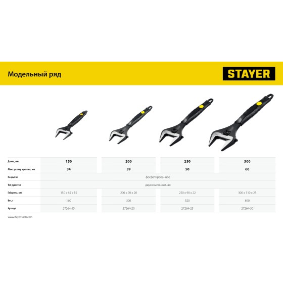 STAYER COBRA, 250/50 мм, разводной ключ, Professional (27264-25) STAYER COBRA, 250/50 мм, разводной ключ, Professional (27264-25)