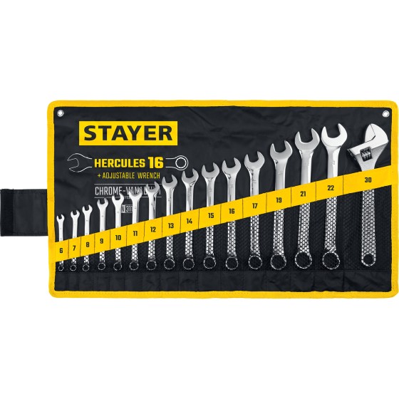STAYER HERCULES, 16 шт, 6 - 30 мм, набор комбинированных и разводных гаечных ключей, Professional (27092-H16) STAYER HERCULES, 16 шт, 6 - 30 мм, набор комбинированных и разводных гаечных ключей, Professional (27092-H16)