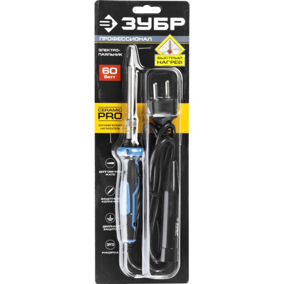 ЗУБР Ceramic PRO, 60 Вт, керамическим нагреватель, конус, 2-к рукояткой, электропаяльник с защитным колпачком, Профессионал (55413-60) ЗУБР Ceramic PRO, 60 Вт, керамическим нагреватель, конус, 2-к рукояткой, электропаяльник с защитным колпачком, Профессионал (55413-60)