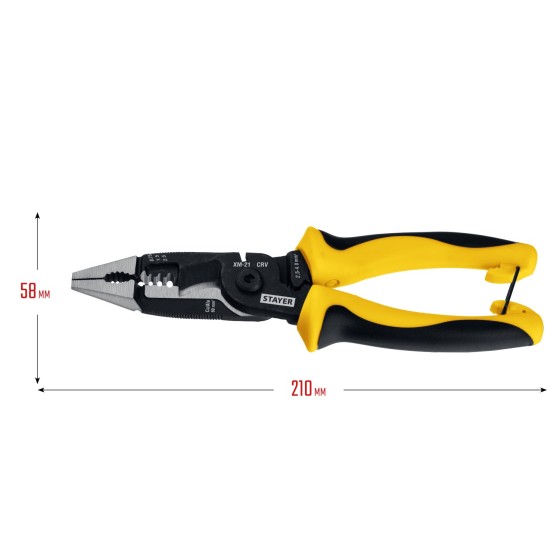 STAYER XM-21, резка d 14мм, зачистка 0.75 – 25 мм2, кримпер 2.5 мм2, плоскогубцы 210 мм, электромонтажные клещи, Professional (23342-21) STAYER XM-21, резка d 14мм, зачистка 0.75 – 25 мм2, кримпер 2.5 мм2, плоскогубцы 210 мм, электромонтажные клещи, Professional (23342-21)