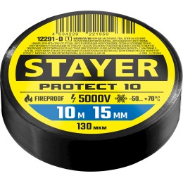 STAYER PROTECT-10, 15 мм х 10 м, 5 000 В, черная, изолента ПВХ, Professional (12292-D) STAYER PROTECT-10, 15 мм х 10 м, 5 000 В, черная, изолента ПВХ, Professional (12292-D)