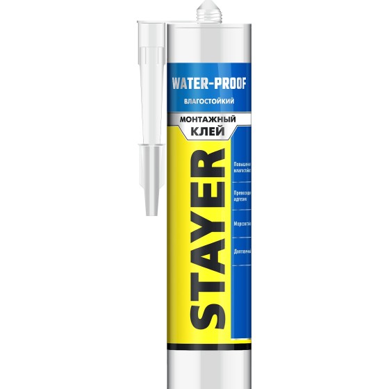 STAYER WATERPROOF, 280 мл, белый, влагостойкий монтажный клей, Professional (41325)