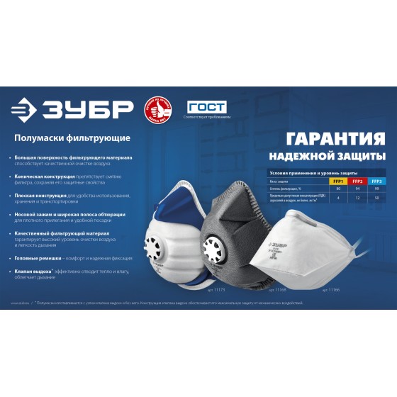 ЗУБР ФГ-95 коническая с угольным слоем, класс защиты FFP2, с клапаном выдоха, фильтрующая полумаска (11168-2) ЗУБР ФГ-95 коническая с угольным слоем, класс защиты FFP2, с клапаном выдоха, фильтрующая полумаска (11168-2)