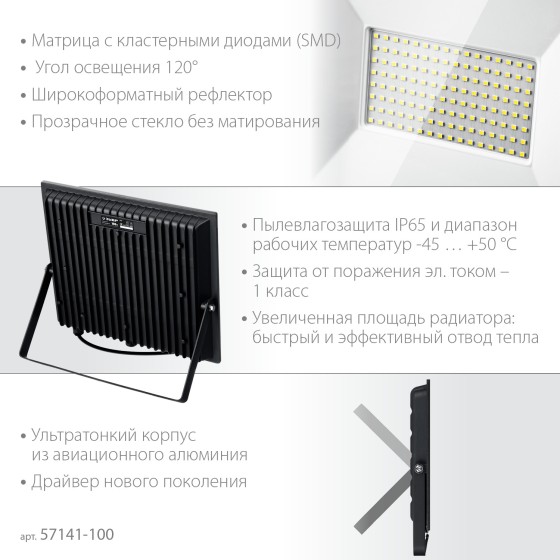 ЗУБР ПСК-100, 100 Вт, 6500 К, IP 65, светодиодный прожектор, Профессионал (57141-100)