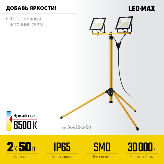 STAYER LED-MAX, 2 х 50 Вт, 6500 К, IP 65, 1.6 м, светодиодные прожекторы на штативе (56925-2-50) STAYER LED-MAX, 2 х 50 Вт, 6500 К, IP 65, 1.6 м, светодиодные прожекторы на штативе (56925-2-50)