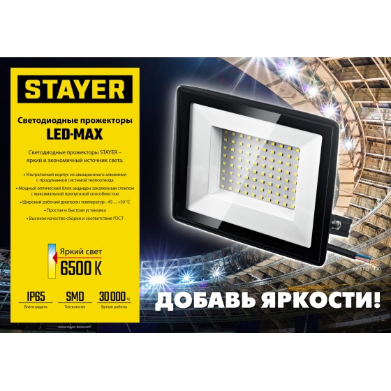 STAYER LED-MAX, 2 х 50 Вт, 6500 К, IP 65, 1.6 м, светодиодные прожекторы на штативе (56925-2-50) STAYER LED-MAX, 2 х 50 Вт, 6500 К, IP 65, 1.6 м, светодиодные прожекторы на штативе (56925-2-50)