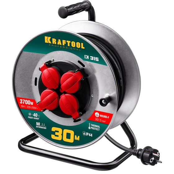 KRAFTOOL K-315, КГ, 3 x 1.5 мм2, 30 м, 3700 Вт, IP44, силовой удлинитель на стальной катушке (55085-30) KRAFTOOL K-315, КГ, 3 x 1.5 мм2, 30 м, 3700 Вт, IP44, силовой удлинитель на стальной катушке (55085-30)