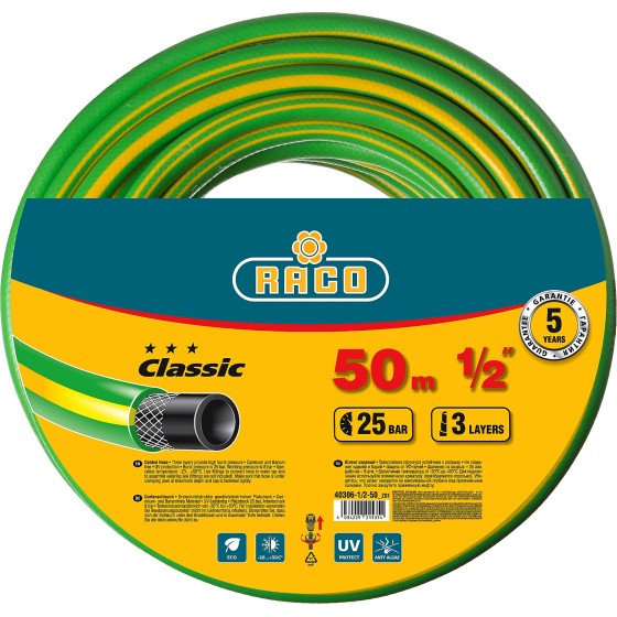 RACO CLASSIC, 1/2″, 50 м, 25 атм, трёхслойный, армированный, поливочный шланг (40306-1/2-50) RACO CLASSIC, 1/2″, 50 м, 25 атм, трёхслойный, армированный, поливочный шланг (40306-1/2-50)
