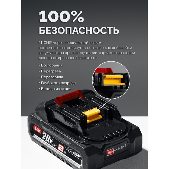 ЗУБР 20 В, 2.0 А·ч, аккумулятор LMS (АКБ-20-2) ЗУБР 20 В, 2.0 А·ч, аккумулятор LMS (АКБ-20-2)