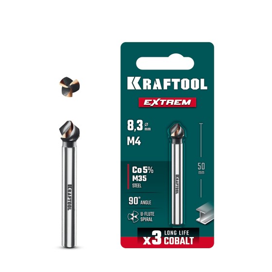 KRAFTOOL EXTREME Со5-А, d 8.3 х 50 мм, сталь M35, U-образная спираль, для раззенковки М4, Конусный зенкер (29734-4) KRAFTOOL EXTREME Со5-А, d 8.3 х 50 мм, сталь M35, U-образная спираль, для раззенковки М4, Конусный зенкер (29734-4)
