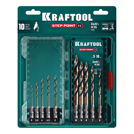 KRAFTOOL STEP POINT, 10 шт, набор сверл по металлу для винтовёртов и шуруповертов IMPACT READY (29653-H10) KRAFTOOL STEP POINT, 10 шт, набор сверл по металлу для винтовёртов и шуруповертов IMPACT READY (29653-H10)