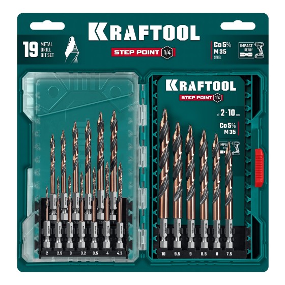 KRAFTOOL STEP POINT, 19 шт, набор сверл по металлу для винтовёртов и шуруповертов IMPACT READY (29653-H19) KRAFTOOL STEP POINT, 19 шт, набор сверл по металлу для винтовёртов и шуруповертов IMPACT READY (29653-H19)