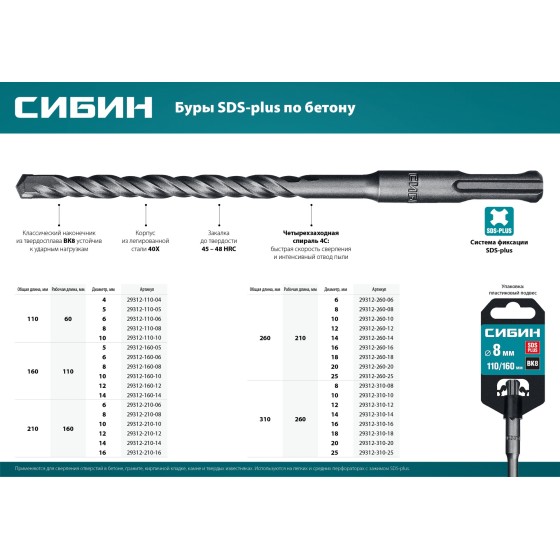 СИБИН 10 х 310 мм, SDS-plus бур (29312-310-10) СИБИН 10 х 310 мм, SDS-plus бур (29312-310-10)