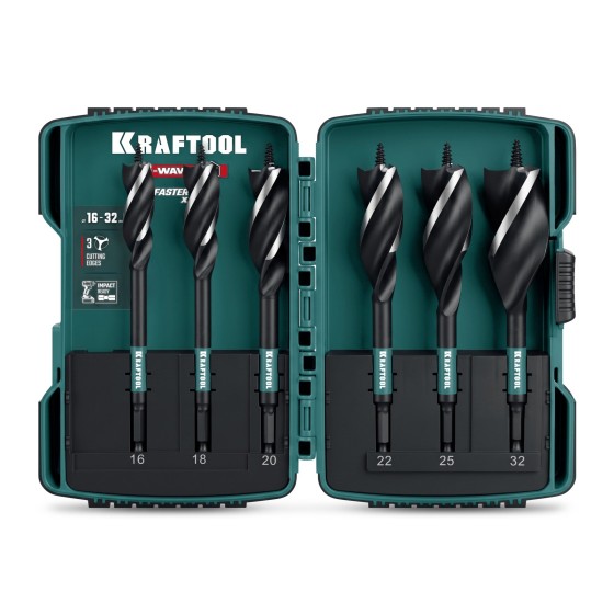 KRAFTOOL 3-Wave 6шт, набор, трехзаходные сверла по дереву с резьбовым центрующим острием (29513-H6) KRAFTOOL 3-Wave 6шт, набор, трехзаходные сверла по дереву с резьбовым центрующим острием (29513-H6)