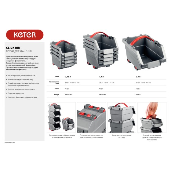KETER CLICK BIN, 2.8 л, 315 х 220 х 160 мм, лоток для хранения (38067) KETER CLICK BIN, 2.8 л, 315 х 220 х 160 мм, лоток для хранения (38067)