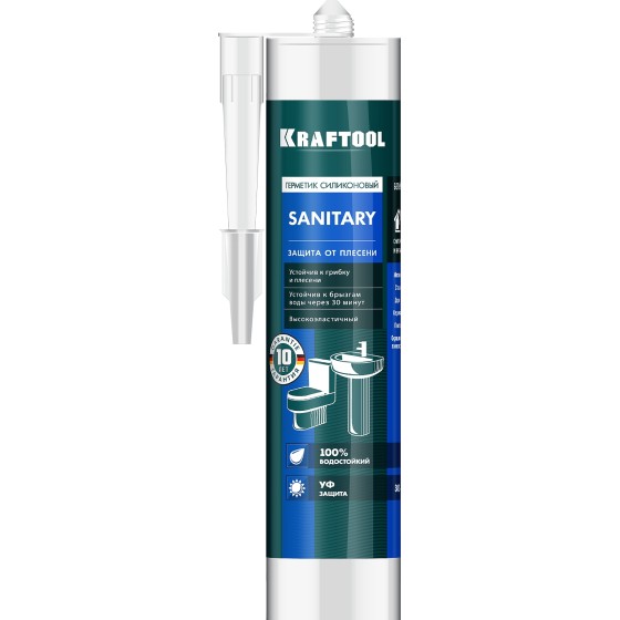 KRAFTOOL SANITARY, 300 мл, белый, санитарный силиконовый герметик (41255-0) KRAFTOOL SANITARY, 300 мл, белый, санитарный силиконовый герметик (41255-0)