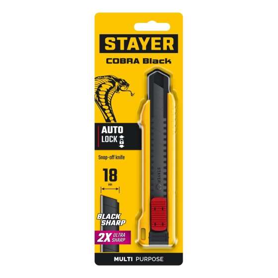 STAYER COBRA Black, 18 мм, нож из АБС пластика, автостоп (0913) STAYER COBRA Black, 18 мм, нож из АБС пластика, автостоп (0913)