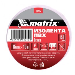 Изолента ПВХ, 15 мм х 10 м, белая, 150 мкм Matrix Изолента ПВХ, 15 мм х 10 м, белая, 150 мкм Matrix