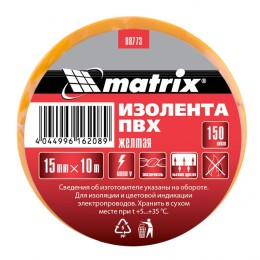 Изолента ПВХ, 15 мм х 10 м, желтая, 150 мкм Matrix Изолента ПВХ, 15 мм х 10 м, желтая, 150 мкм Matrix