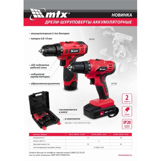 Дрель-шуруповерт аккумуляторная MCDL-12-02, Li-Ion, 12 В, 2 акк.// MTX 26182 Дрель-шуруповерт аккумуляторная MCDL-12-02, Li-Ion, 12 В, 2 акк.// MTX 26182