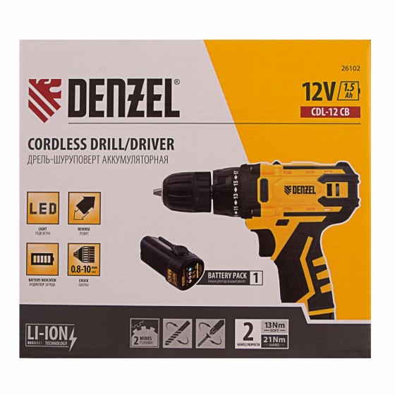 Дрель-шуруповерт аккумуляторная CDL-12CB, Li-Ion, 12 В, 1 акк. Denzel 26102 Дрель-шуруповерт аккумуляторная CDL-12CB, Li-Ion, 12 В, 1 акк. Denzel 26102