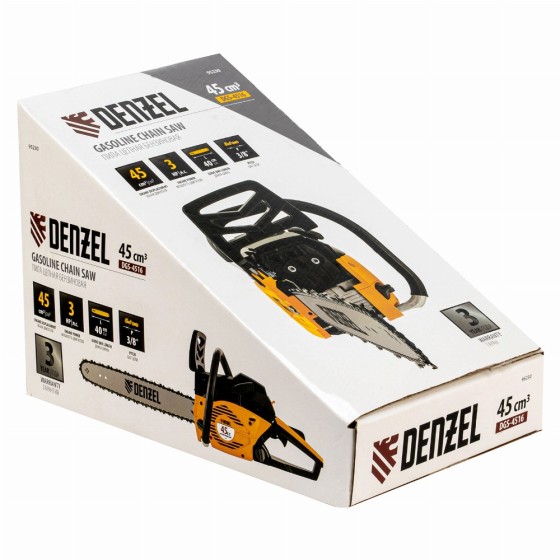 Пила цепная бензиновая DGS-4516, шина 40 см, 45 см3, 3 л.с, шаг 3/8, паз 1.3 мм, 57 звеньев Denzel 95230 Пила цепная бензиновая DGS-4516, шина 40 см, 45 см3, 3 л.с, шаг 3/8, паз 1.3 мм, 57 звеньев Denzel 95230