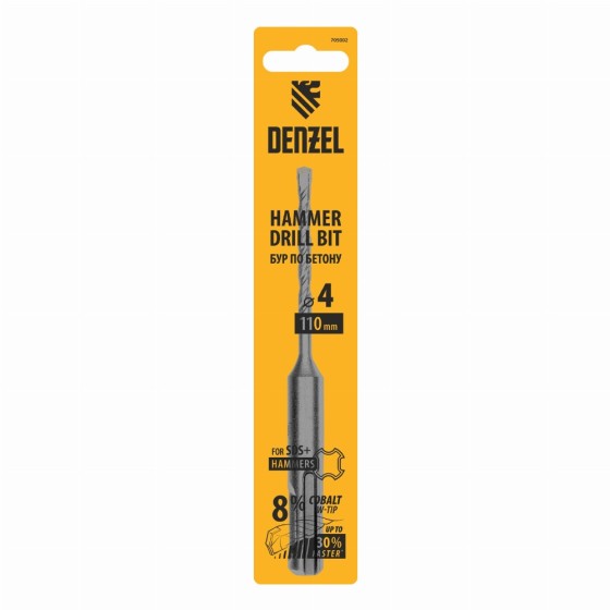Бур по бетону , двойная спираль, три пылеотводящие кромки, 4 x 110 мм DENZEL 705002 Бур по бетону , двойная спираль, три пылеотводящие кромки, 4 x 110 мм DENZEL 705002