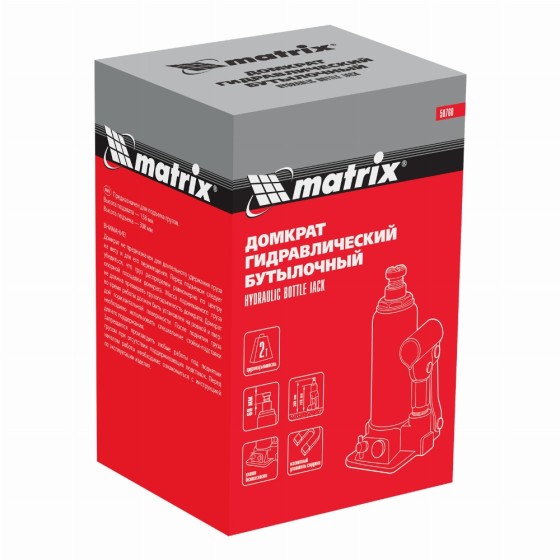 Домкрат гидравлический бутылочный, 2 т, h подъема 158-308 мм Matrix 50760