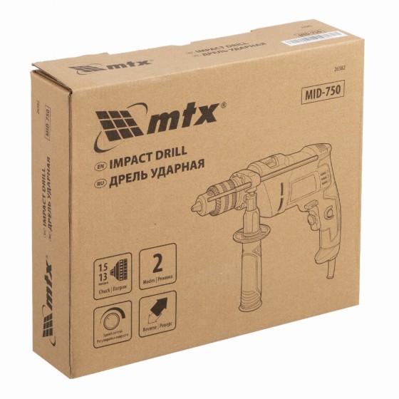 Дрель ударная MID-750, 750 Вт, 0-3000 об/мин, 0-48000 уд/мин MTX 26382 Дрель ударная MID-750, 750 Вт, 0-3000 об/мин, 0-48000 уд/мин MTX 26382