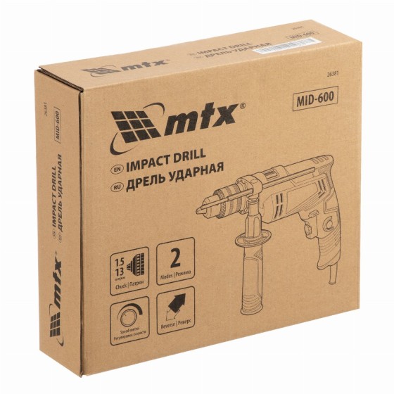 Дрель ударная MID-600, 600 Вт, 0-3000 об/мин, 0-48000 уд/мин MTX 26381 Дрель ударная MID-600, 600 Вт, 0-3000 об/мин, 0-48000 уд/мин MTX 26381