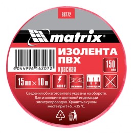 Изолента ПВХ, 15 мм х 10 м, красная, 150 мкм Matrix Изолента ПВХ, 15 мм х 10 м, красная, 150 мкм Matrix