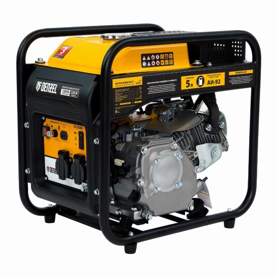 Генератор инверторный GT-2500iF, 2.5 кВт, 230 В, бак 5 л, открытый корпус, ручной старт Denzel 94704