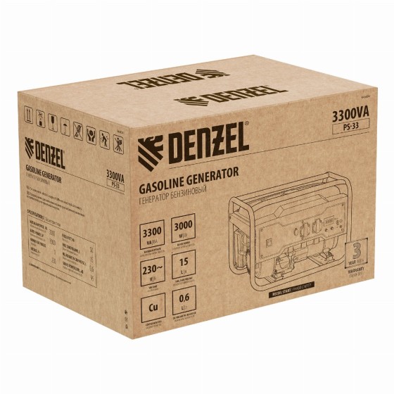 Генератор бензиновый PS 33, 3.3 кВт, 230 В, 15 л, ручной стартер Denzel 946834 Генератор бензиновый PS 33, 3.3 кВт, 230 В, 15 л, ручной стартер Denzel 946834