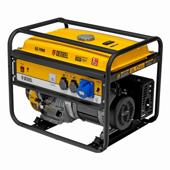 Генератор бензиновый GE 7900, 6.5 кВт, 220 В/50 Гц, 25 л, ручной пуск Denzel 94638