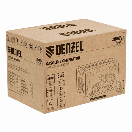 Генератор бензиновый PS 28, 2.8 кВт, 230 В, 15 л, ручной стартер Denzel 946824 Генератор бензиновый PS 28, 2.8 кВт, 230 В, 15 л, ручной стартер Denzel 946824