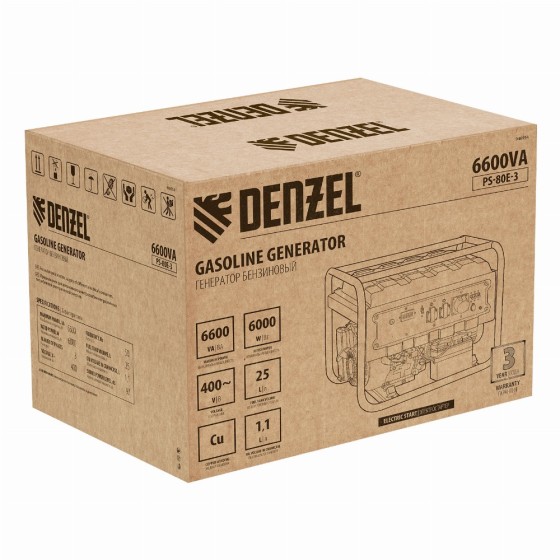 Генератор бензиновый PS 80 E-3, 6.6 кВт, 400 В, 25 л, электростартер Denzel 946954 Генератор бензиновый PS 80 E-3, 6.6 кВт, 400 В, 25 л, электростартер Denzel 946954