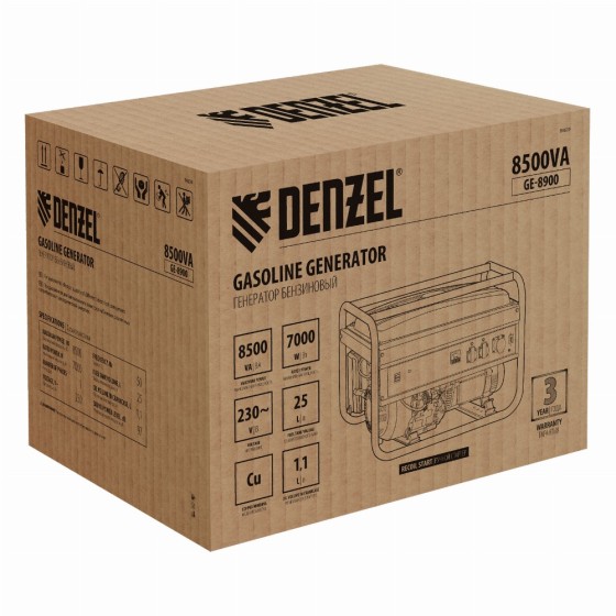 Генератор бензиновый GE 8900, 8.5 кВт, 220 В/50 Гц, 25 л, ручной старт Denzel 94639 Генератор бензиновый GE 8900, 8.5 кВт, 220 В/50 Гц, 25 л, ручной старт Denzel 94639