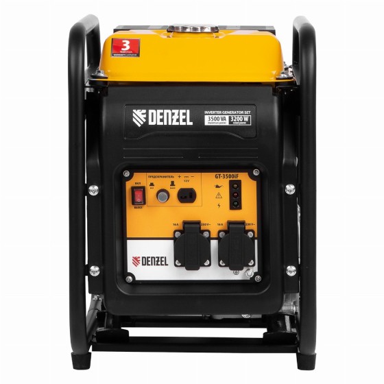 Генератор инверторный GT-3500iF, 3.5 кВт, 230 В, бак 5 л, открытый корпус, ручной старт Denzel 94705 Генератор инверторный GT-3500iF, 3.5 кВт, 230 В, бак 5 л, открытый корпус, ручной старт Denzel 94705