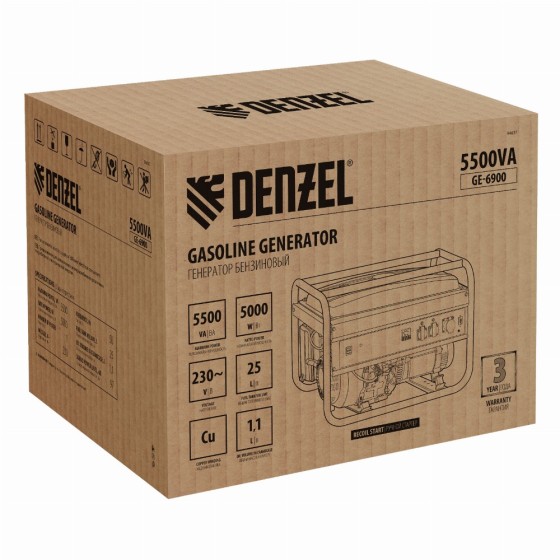 Генератор бензиновый GE 6900, 5.5 кВт, 220 В/50 Гц, 25 л, ручной старт Denzel 94637 Генератор бензиновый GE 6900, 5.5 кВт, 220 В/50 Гц, 25 л, ручной старт Denzel 94637