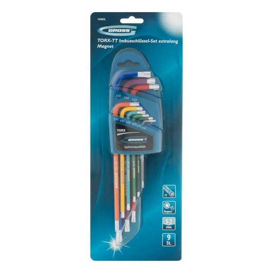 Набор ключей имбусовых Torx -TT, 9 шт: T10-T50, магнит, S2, экстра-длинные, хром/краска 9 шт Gross 16402