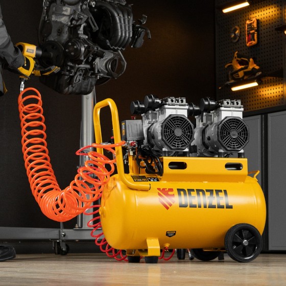 Компрессор безмасляный, малошумный DLS 2200/50, 2200 Вт, 2x1100, 50 л, 380 л/мин Denzel 58031