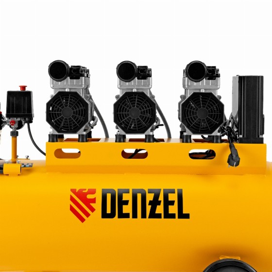 Компрессор безмасляный, малошумный  DLS 2250/100, 2250 Вт, 3x750, 100 л, 410 л/мин блок управления/ Denzel 58029
