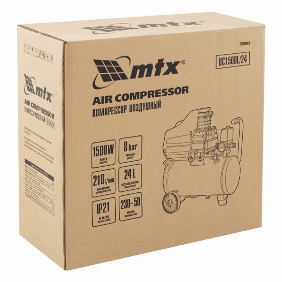 Компрессор воздушный DC1500L/24, 1,5 кВт, 24 л, 210 л/мин MTX 58003 Компрессор воздушный DC1500L/24, 1,5 кВт, 24 л, 210 л/мин MTX 58003